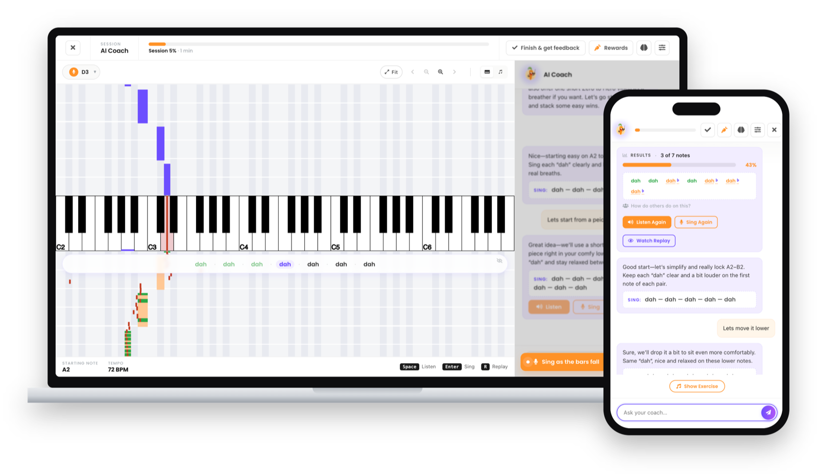 AI Singing Coach session on laptop and phone: interactive piano, real-time pitch feedback, and coach chat