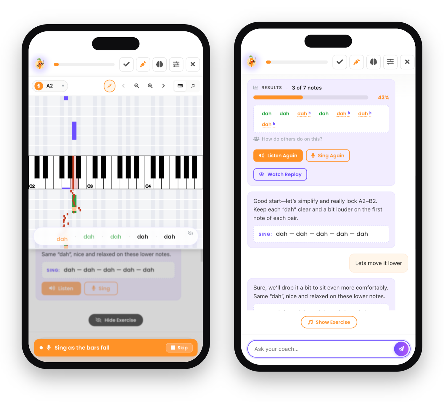 AI Singing Coach on mobile: interactive exercise view with piano and pitch trace, and the coach chat with per-note results