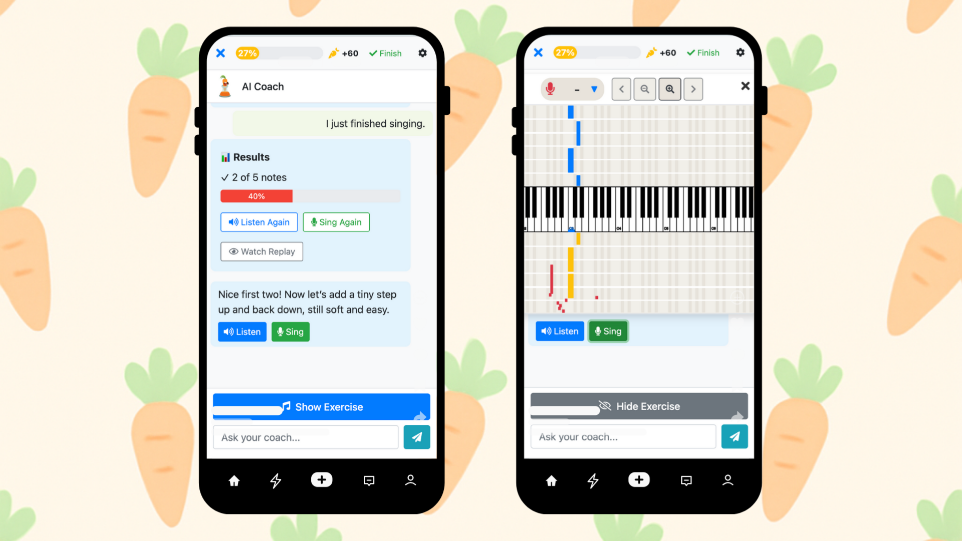 AI Singing Coach mobile app screenshot showing chat interface and pitch visualization