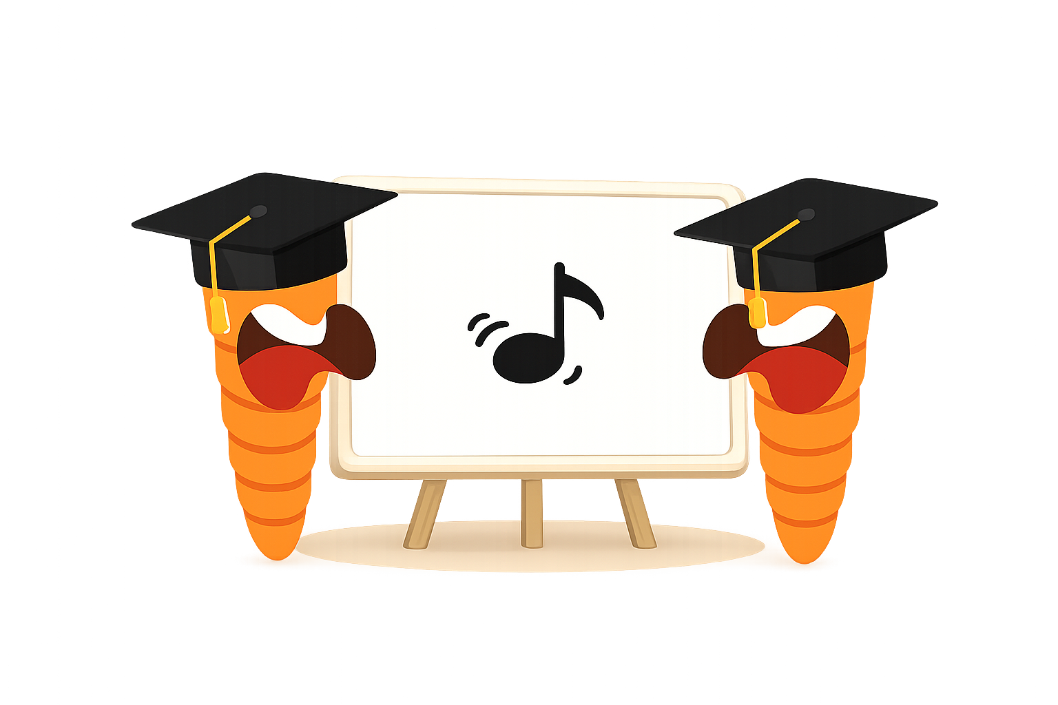 Two carrot voice teachers in graduation caps around a music-note whiteboard